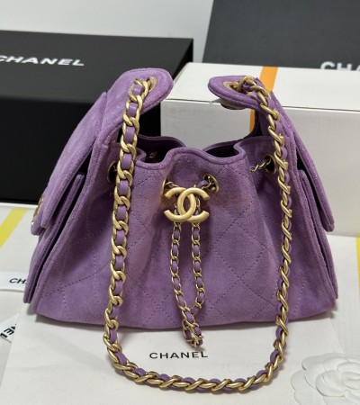 CHANEL 25C AS5631 HOBO DRAWSTRING BAG PURPLE SUDE LEATHER WITH GOLD CHAIN 22*12.5*20CM MASTER QUALITY