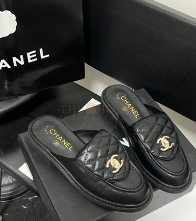 CHANEL QUILTED SLIP-ON BLACK LOAFER MULES LAMSKIN LEAHER  - Women US 5= EU 35= 22.5 cm= UK3