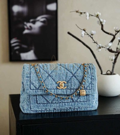 CHANEL CLASSIC FLAP BAG MAXI DENIM BLUE SIZE 35*10*24CM AS5734
